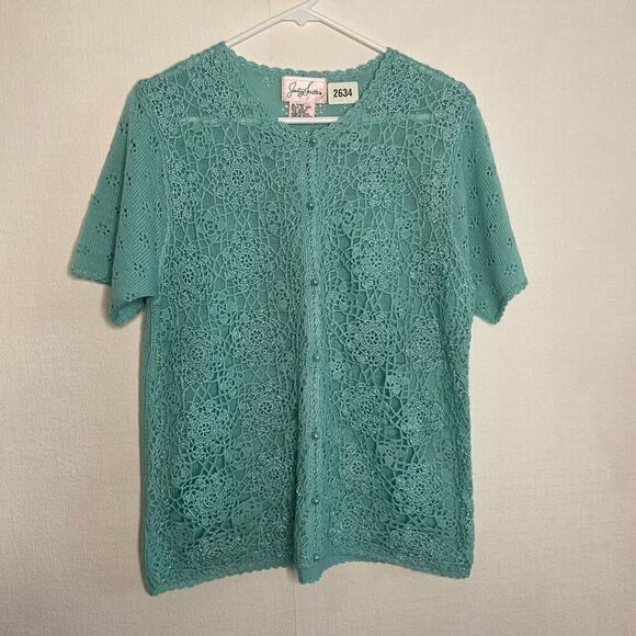 Jaclyn Smith Tops - Vintage Jaclyn‎ Smith Cardigan Seed Pearls Crochet Lace Front Blue - Size Large